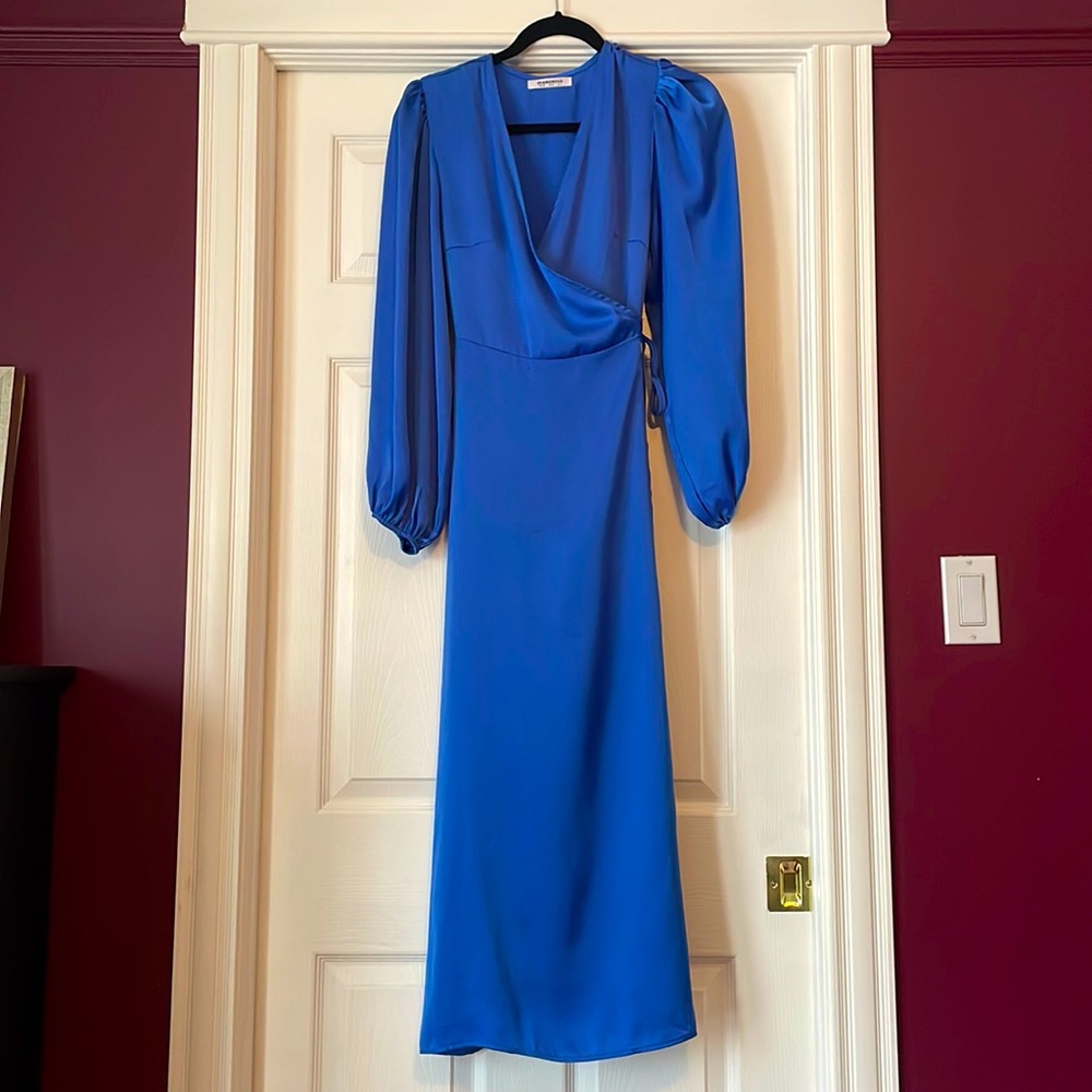 Glamorous Blue Satin Midi Wrap Dress with Billowy Sleeves, UK 10/US 6